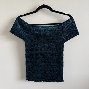 Aeropostale Teal Velvet Smocked Off Shoulder Top Size M